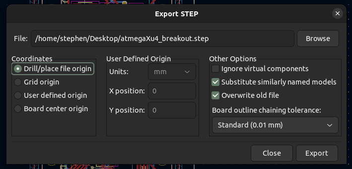 KiCAD Export Step settings showing the Substitute similarly named models being checked