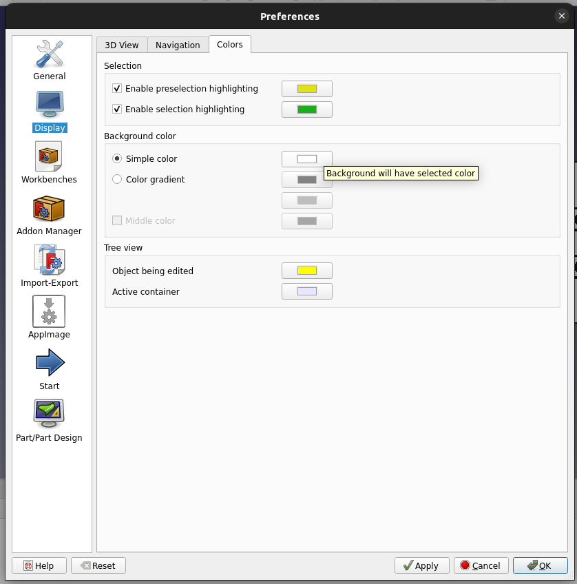 Image showing how to change FreeCADs background from a gradient to a solid white color