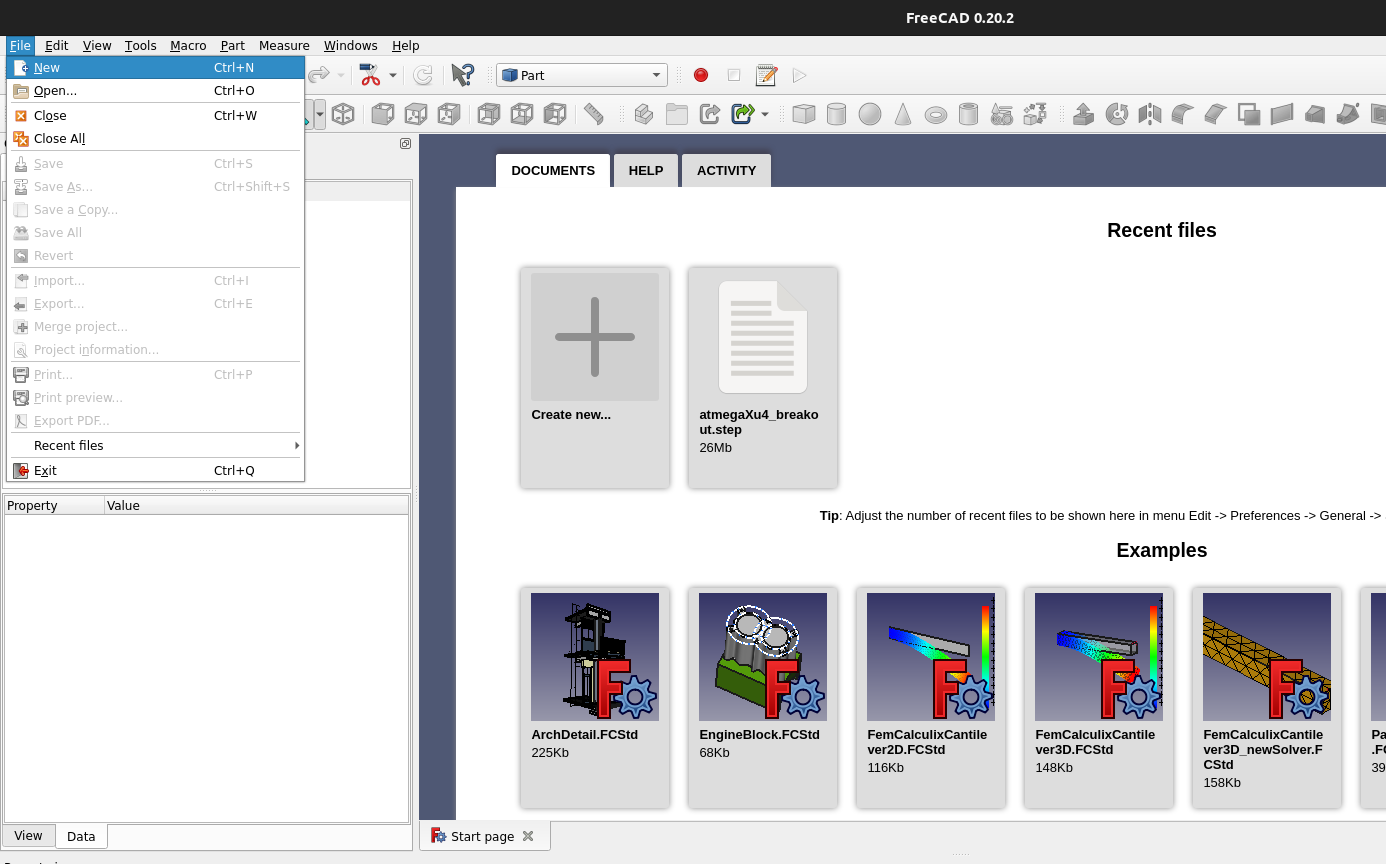 Image showing how to create a new file in FreeCAD