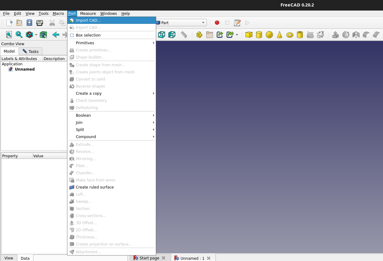 Image showing how to import a CAD file via the Part toolbar menu