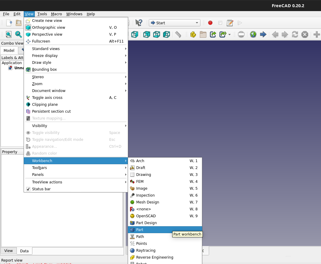 Image showing how to open the Part workbench via the toolbar in FreeCAD