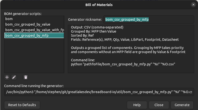 KiCAD BOM script generator selector