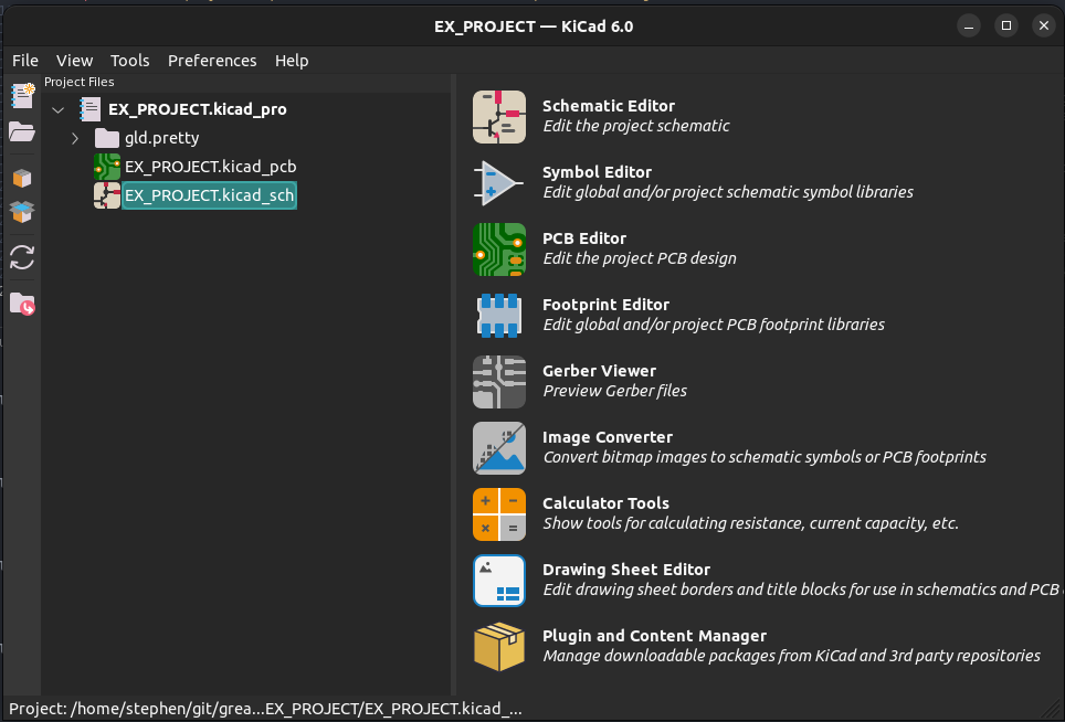 KiCAD project viewer with the EX_PROJECT open