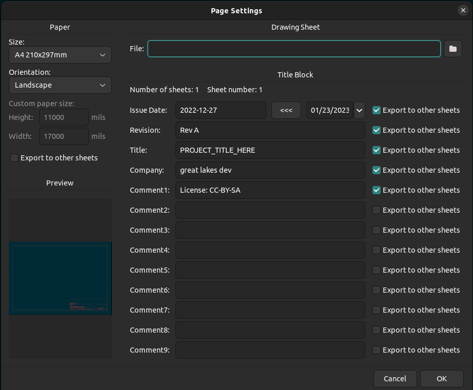 KiCAD sheet settings for the EX_PROJECT