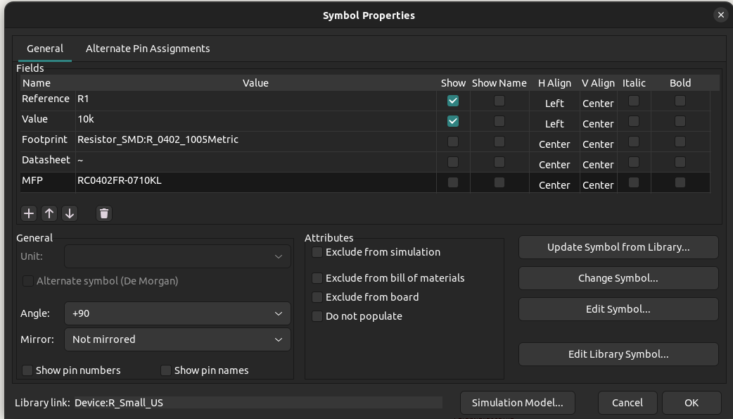 KiCAD symbol settings for the EX_PROJECT